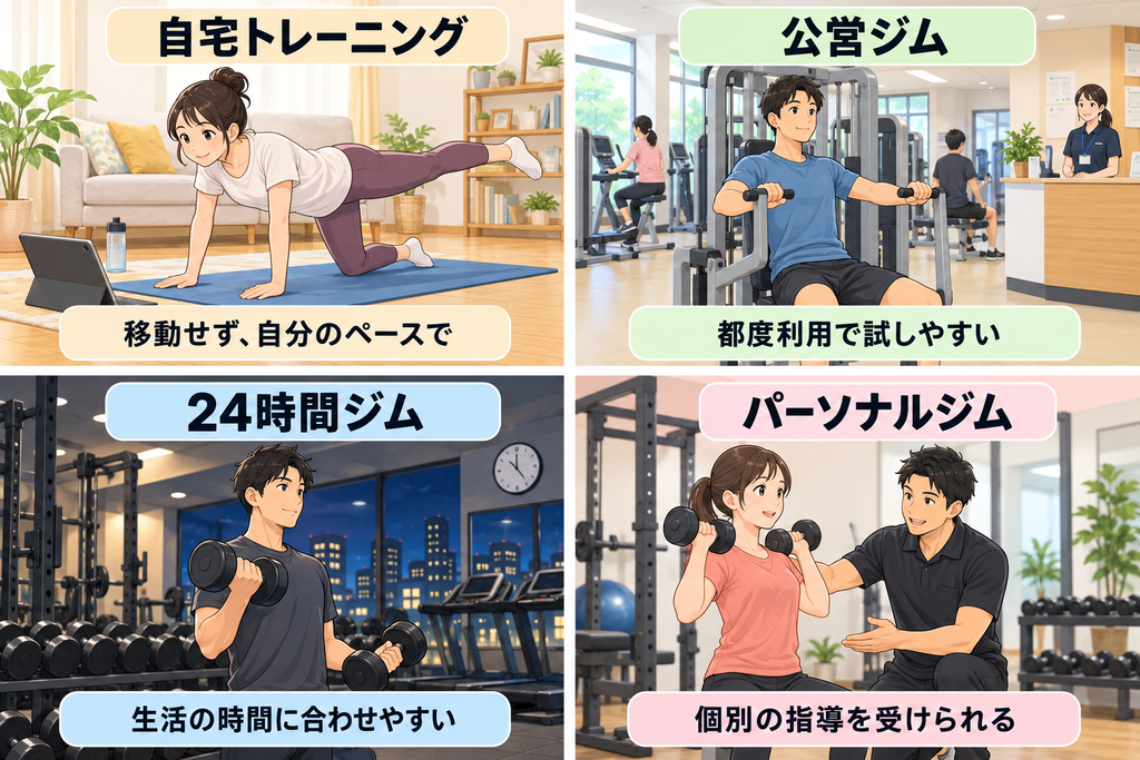 自宅トレーニング・公営ジム・24時間ジム・パーソナルジムの特徴を比較したイラスト
