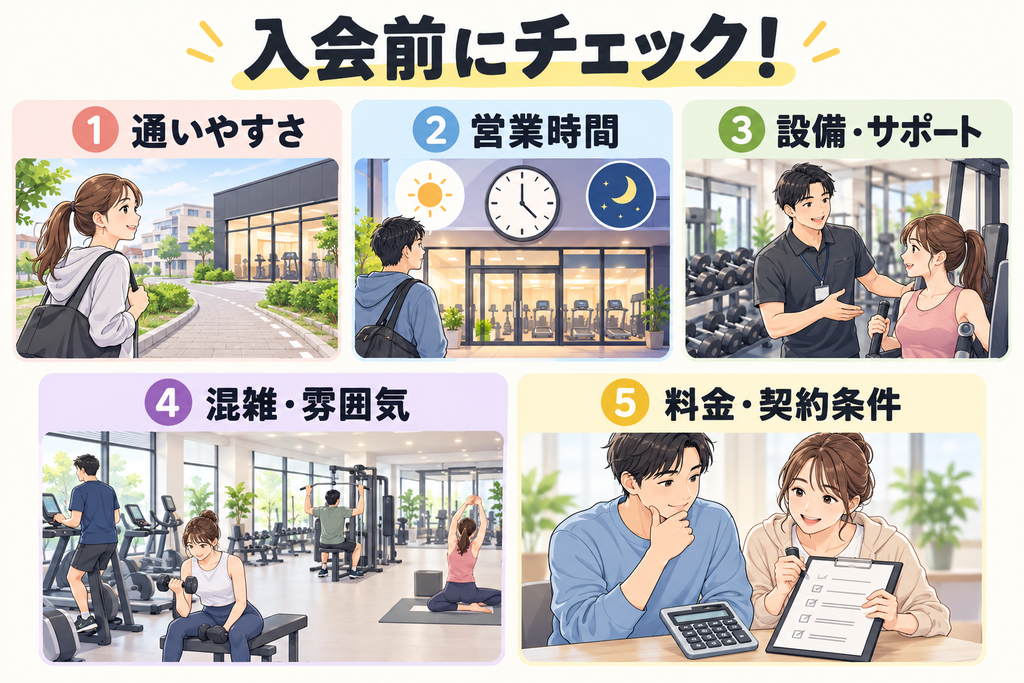 ジム選びで確認したい通いやすさ・営業時間・設備とサポート・混雑と雰囲気・料金と契約条件