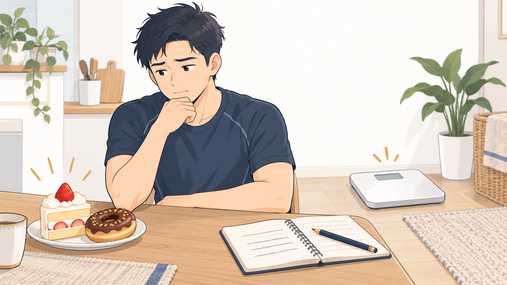 ケーキを食べたいけど、減量中だから複雑な表情の男性